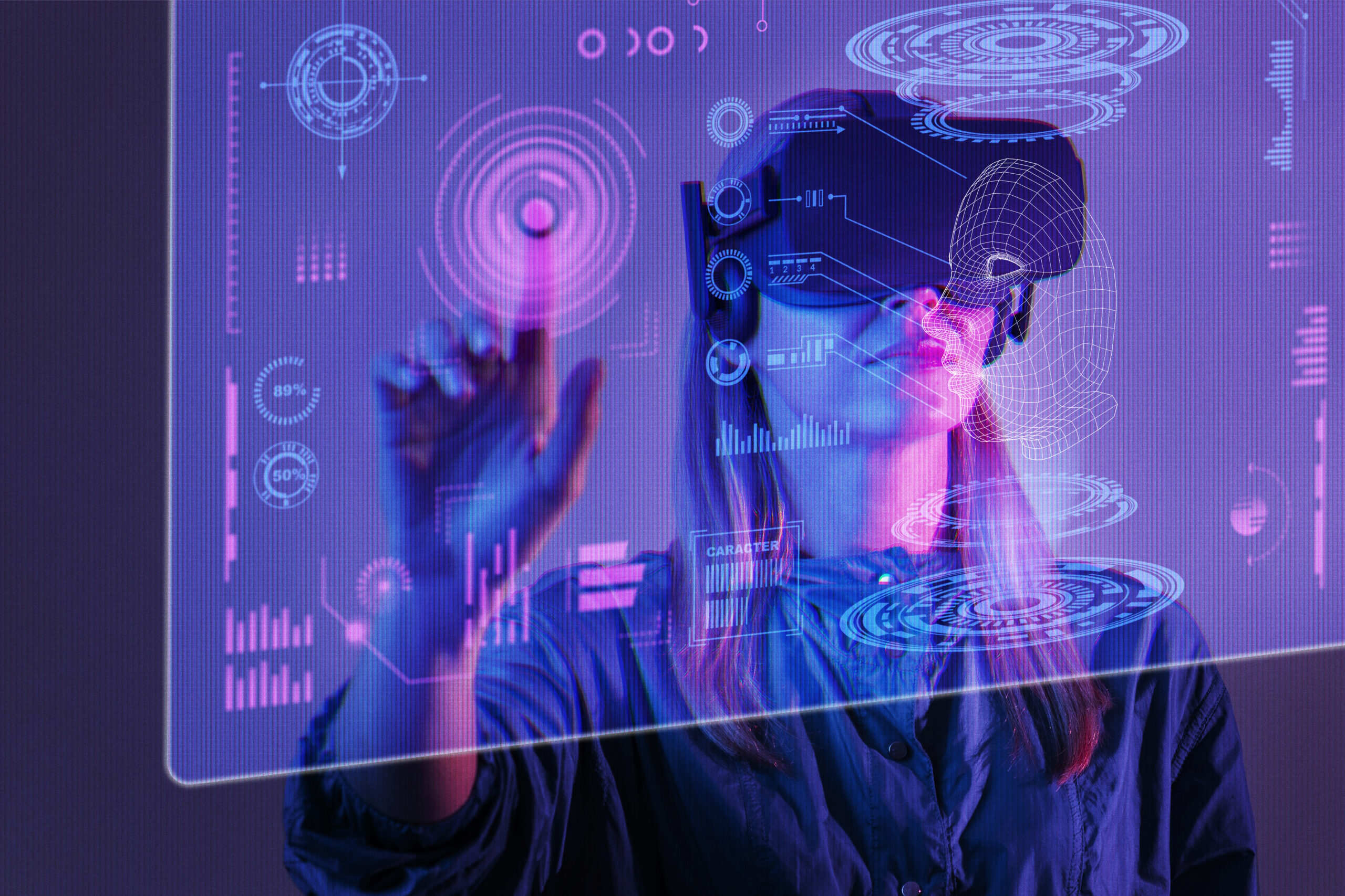 Woman using a virtual reality headset and interacting with a futuristic holographic interface in a metaverse environment