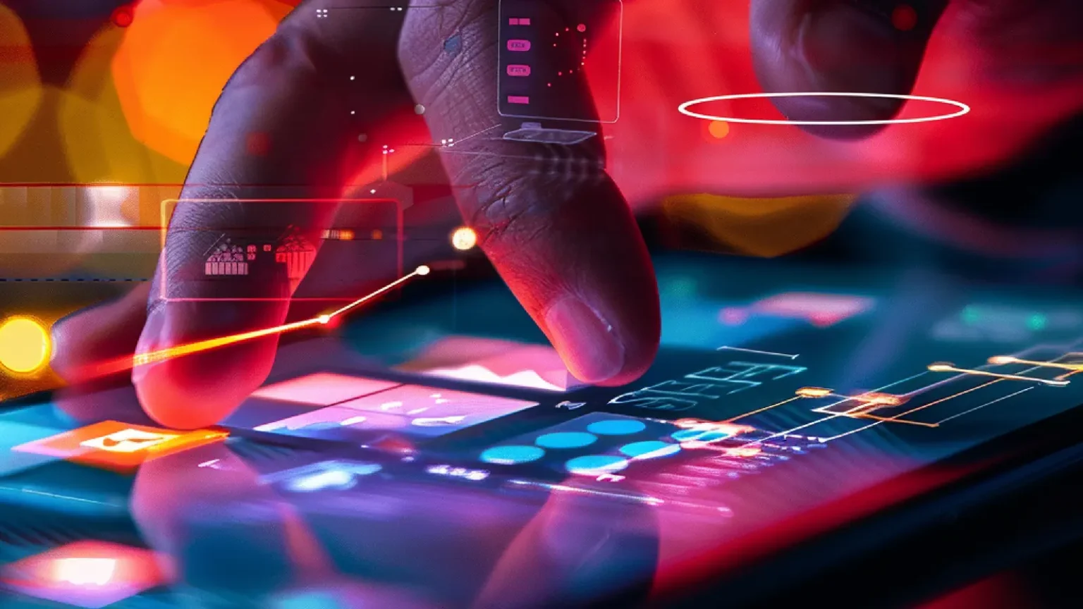 Finger touching a smartphone screen with a futuristic holographic interface and digital data overlays in red and blue light