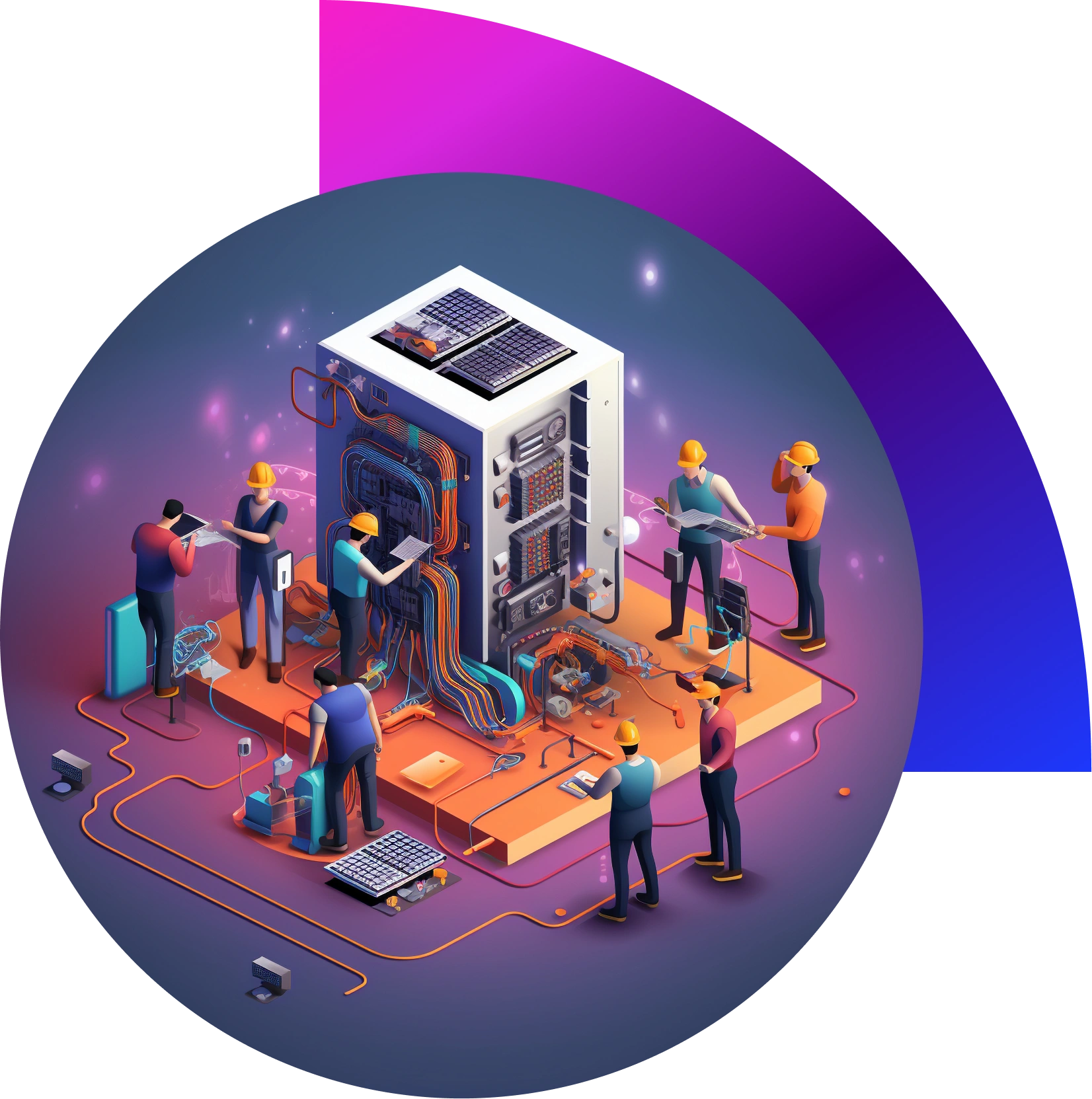 “Data-centre technicians inspecting UPS and power distribution units for maintenance”