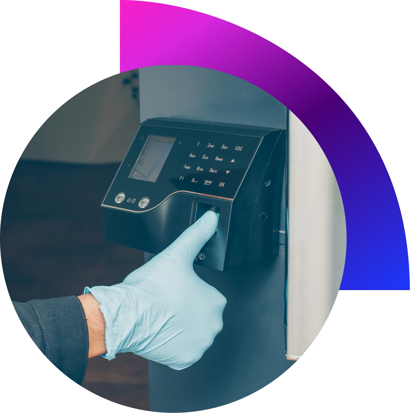 “Employee using fingerprint time attendance machine at office entrance”