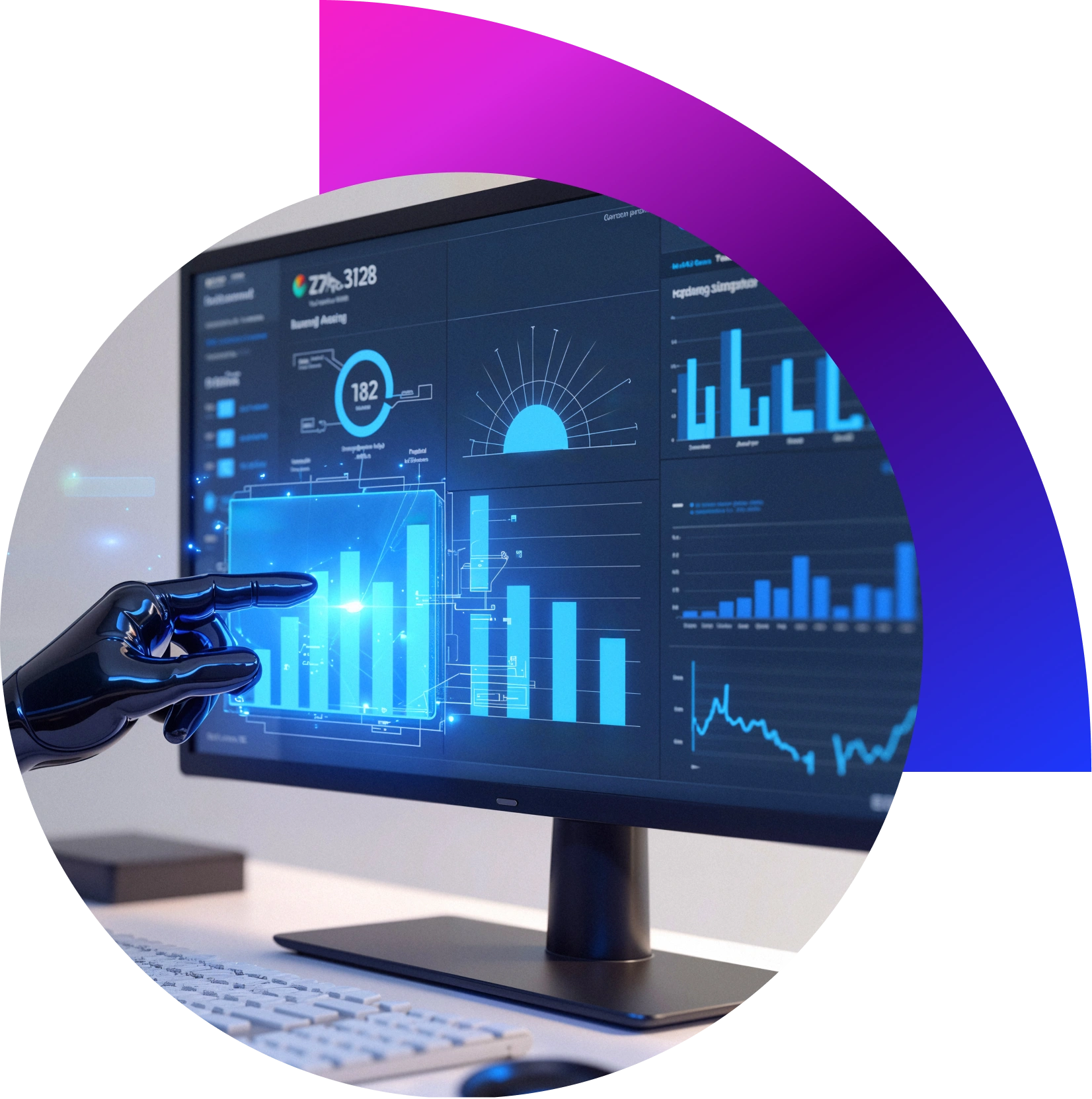 “Abstract graphic of data modeling and AI — data flow, charts, analytics and predictive modeling concept”