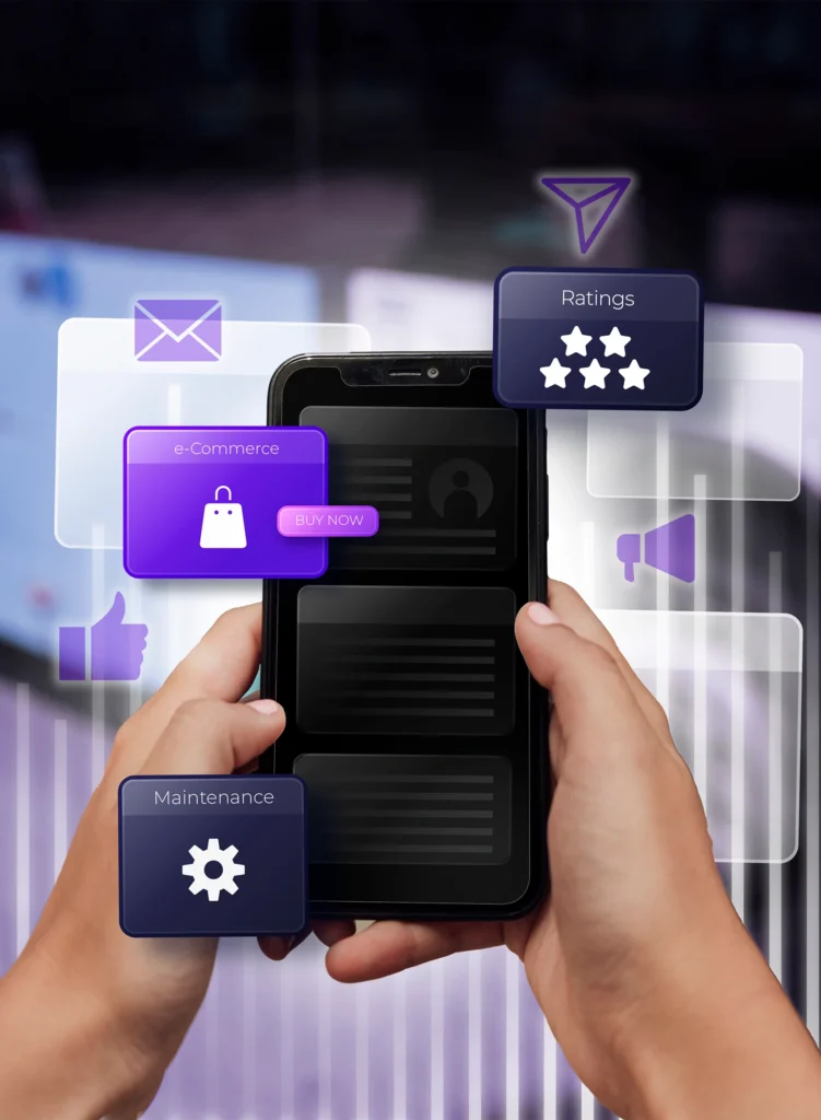 Marketing team designing MMS campaign with mobile phone and laptop for SMS-MMS marketing service.”