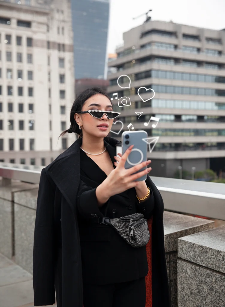 “Social media influencer shooting product review video for marketing campaign.”