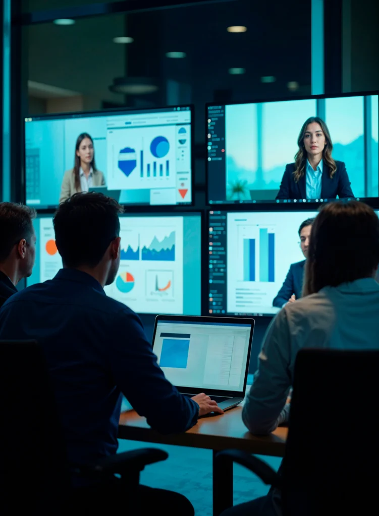 “Consultant presenting marketing audit and strategy dashboard on laptop to team.”