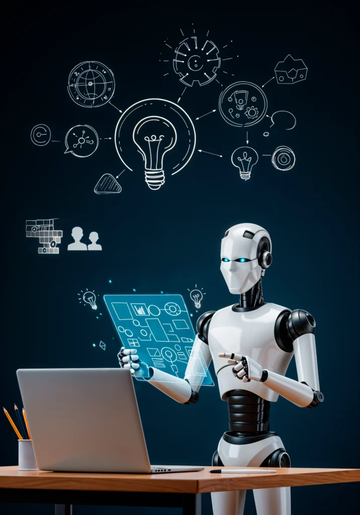 “Illustration of digital robots and AI icons automating business workflows AI-RPA concept”