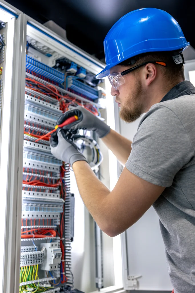 “Technician installing fibre-optic network cables in server room”