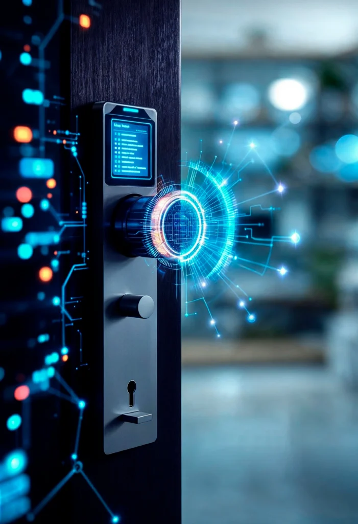 “Office biometric access control reader next to secure door Elewix access control system installation”