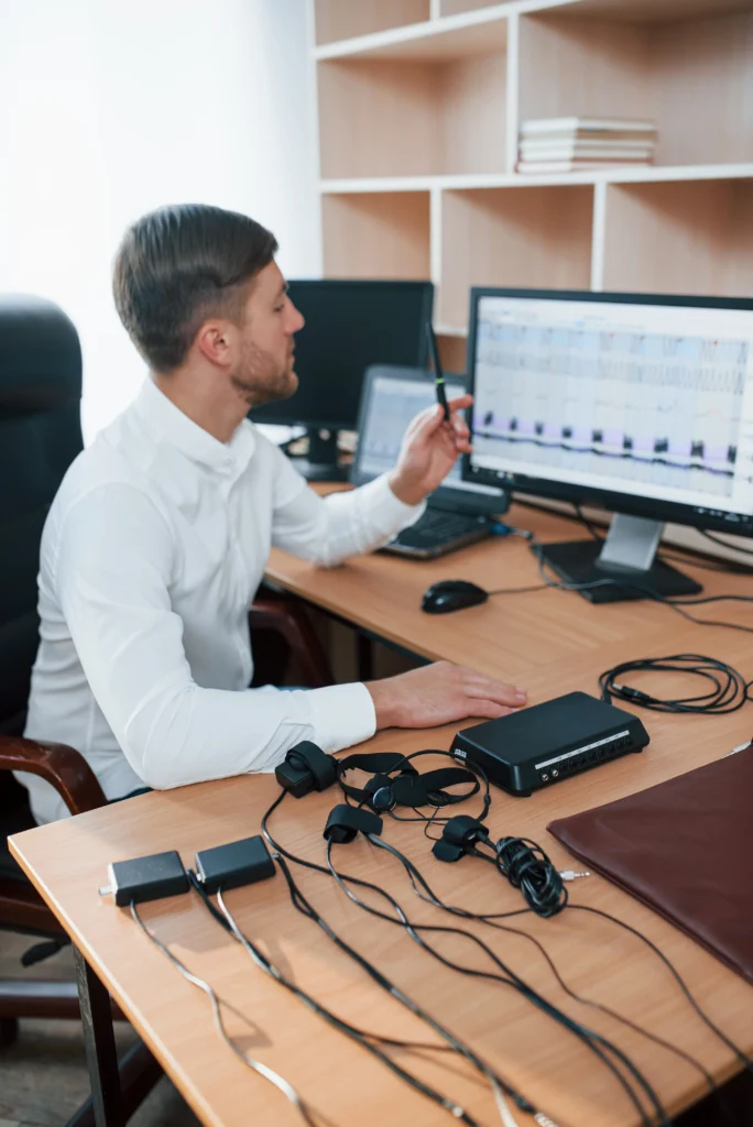 “Business team at office desks using desk phones connected via EPABX system”