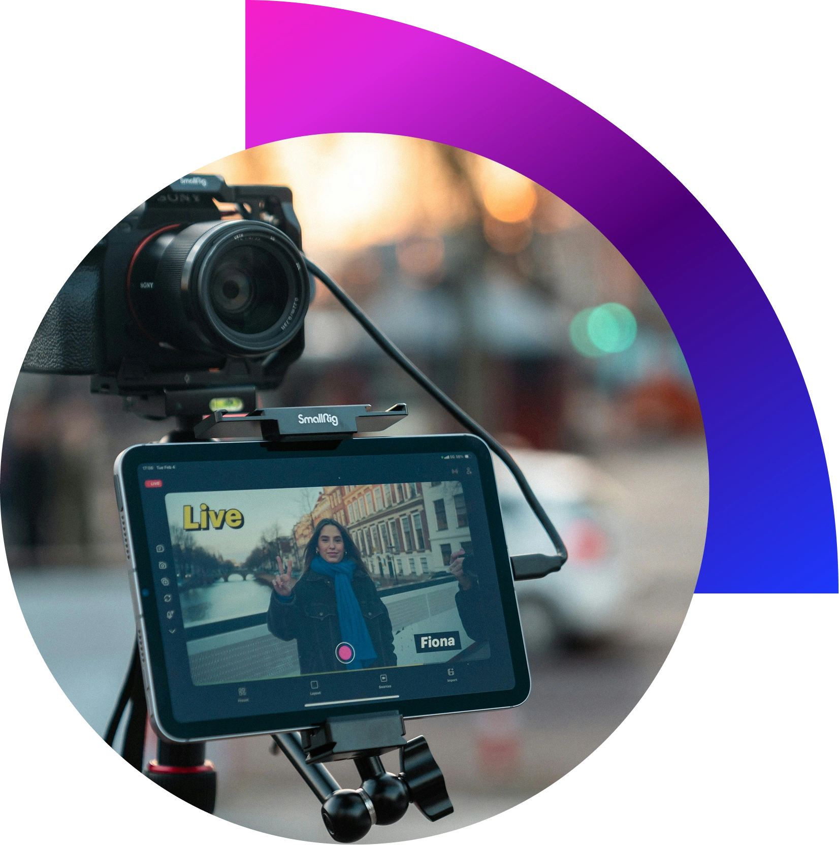 “Multi-camera live streaming setup with switcher and broadcast monitors at event in Dubai.”