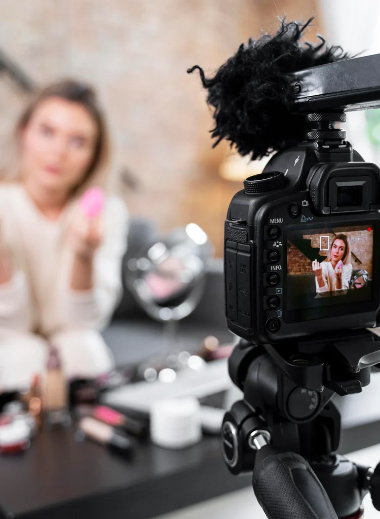 “Marketing promotional video shoot showing product setup, lighting rig and camera crew.”