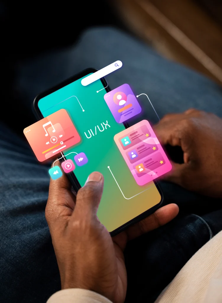 “Responsive web application UI layout design displayed on smartphone and desktop screens.”